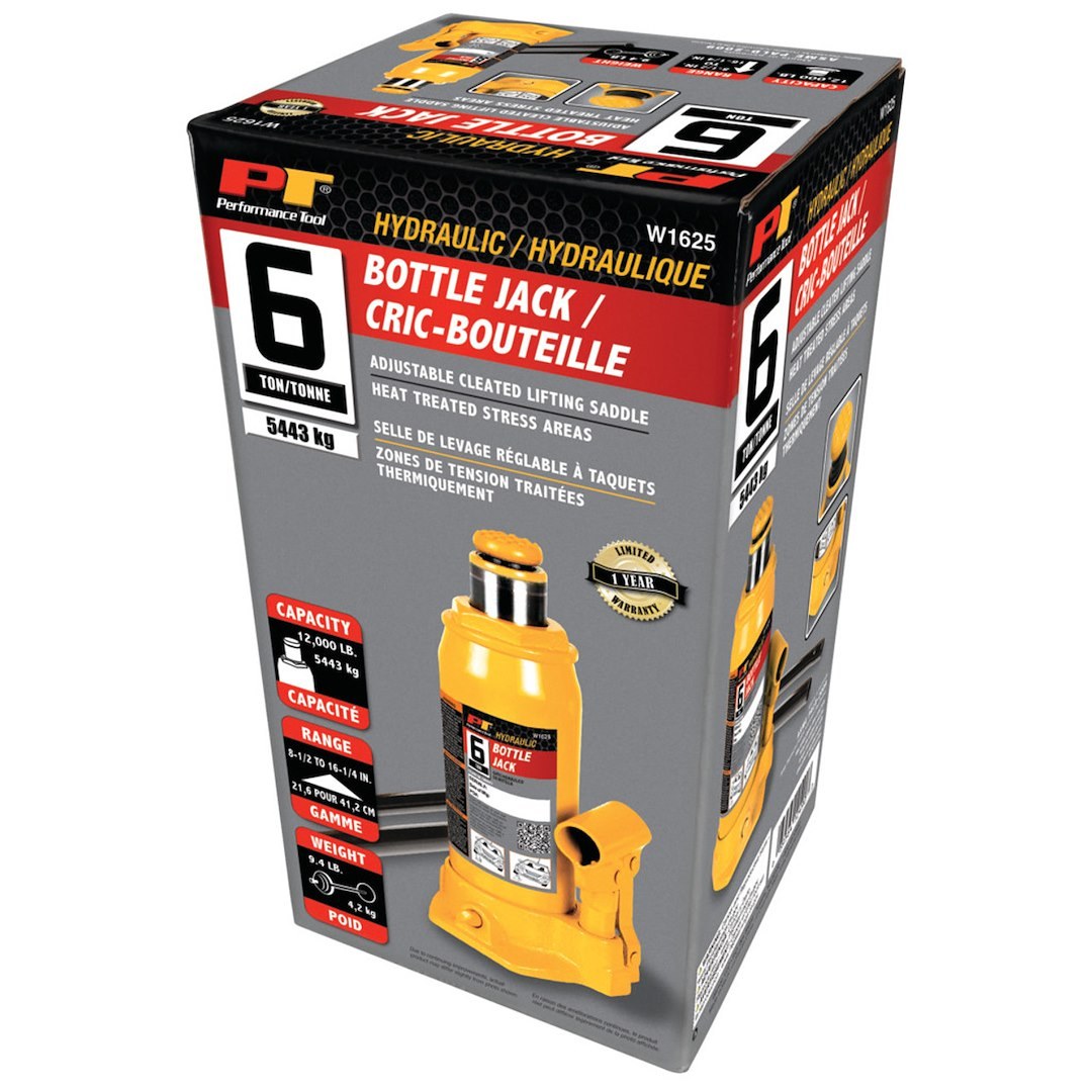 Performance Tool Jack, Bottle Jack, Hydraulic, 6 Ton Capacity, 8-1/2 to 16-1/4 Inch Lift Height, Yellow – W1625