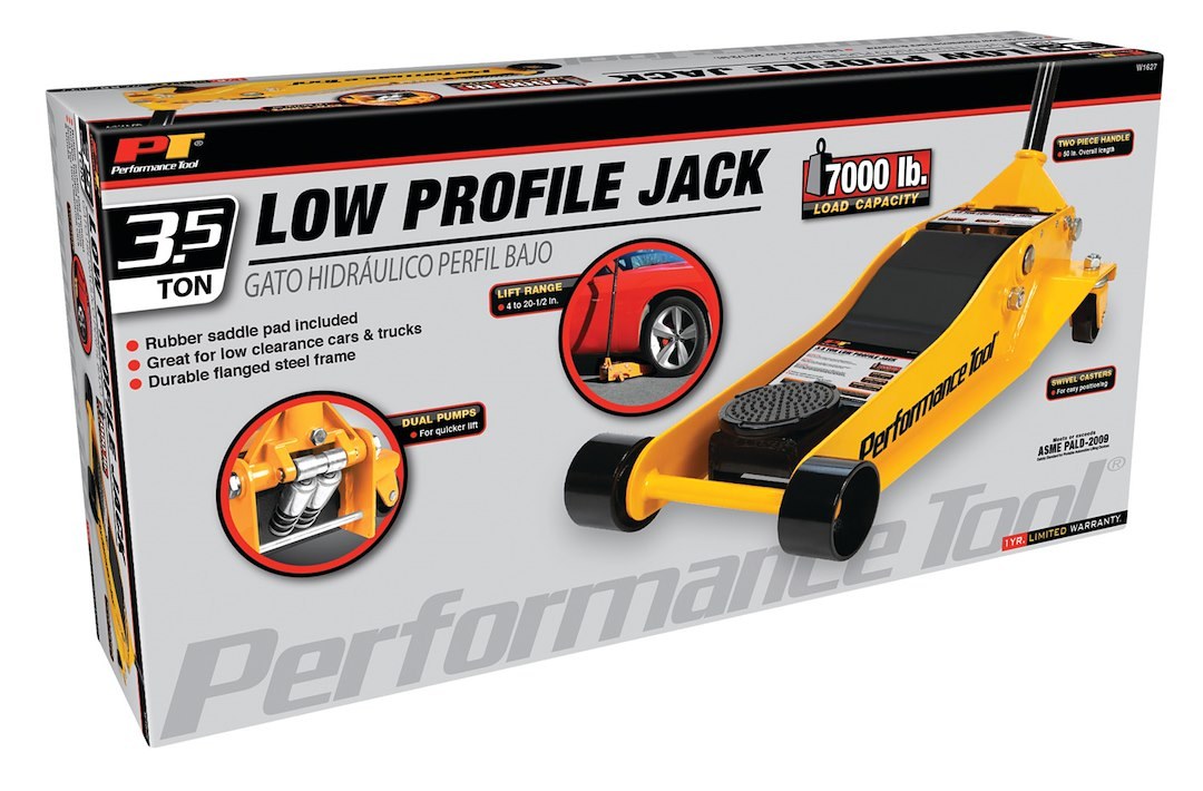 Performance Tool Jack, Low Profile Floor Jack, Hydraulic, 7000 Pound Capacity, 20-1/2 Inch Max Lift Height, Yellow, Steel – W1627