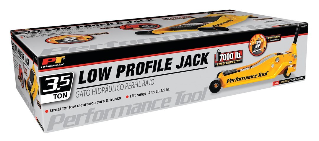 Performance Tool Jack, Low Profile Floor Jack, Hydraulic, 7000 Pound Capacity, 20-1/2 Inch Max Lift Height, Yellow, Steel – W1627