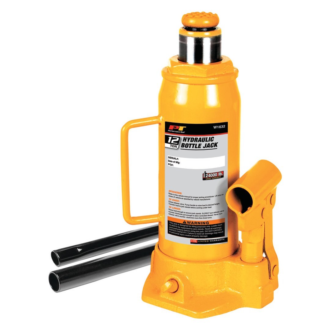 Performance Tool Jack, Bottle Jack, Hydraulic, 12 Ton Capacity, 9-1/4 to 18-1/2 Inch Lift Height, Yellow – W1632