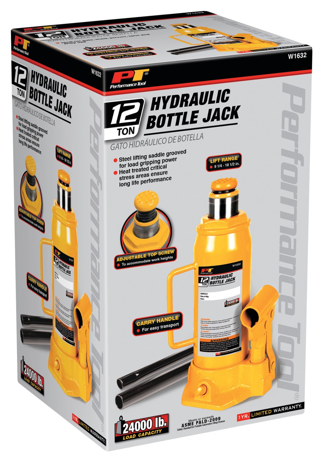 Performance Tool Jack, Bottle Jack, Hydraulic, 12 Ton Capacity, 9-1/4 to 18-1/2 Inch Lift Height, Yellow – W1632