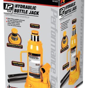 Performance Tool Jack, Bottle Jack, Hydraulic, 12 Ton Capacity, 9-1/4 to 18-1/2 Inch Lift Height, Yellow – W1632