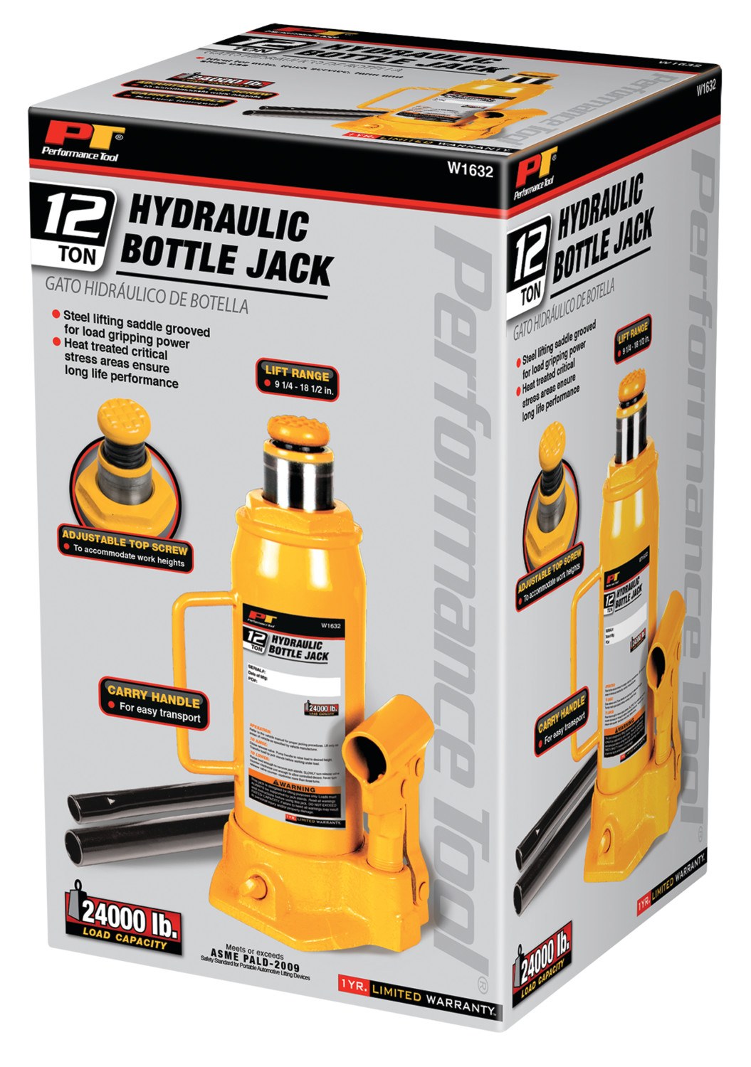 Performance Tool Jack, Bottle Jack, Hydraulic, 12 Ton Capacity, 9-1/4 to 18-1/2 Inch Lift Height, Yellow – W1632