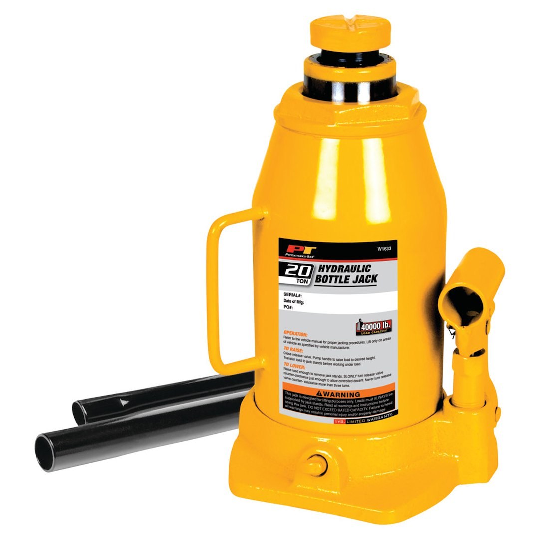 Performance Tool Jack, Bottle Jack, Hydraulic, 20 Ton Capacity, 9-1/2 to 17-3/4 Inch Lift Height, Yellow – W1633