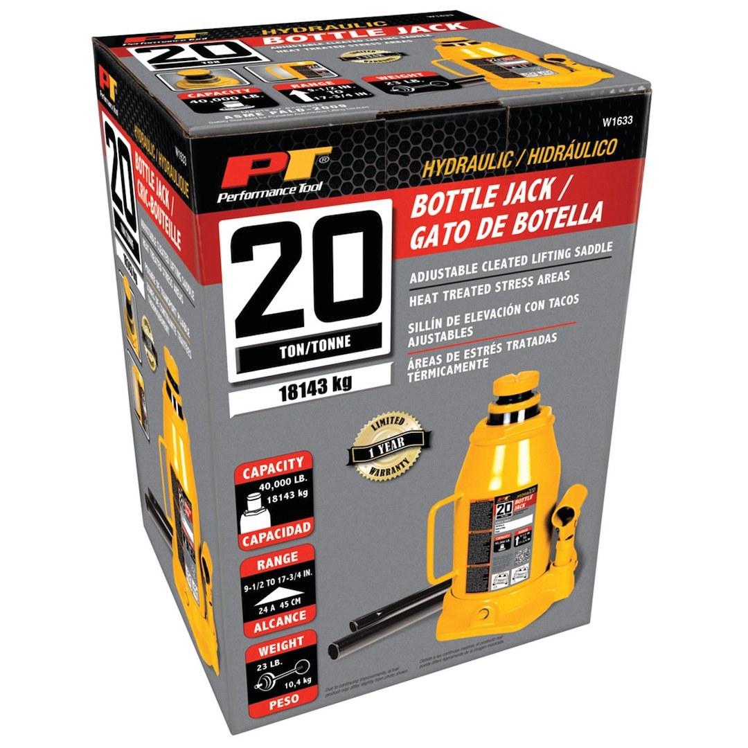 Performance Tool Jack, Bottle Jack, Hydraulic, 20 Ton Capacity, 9-1/2 to 17-3/4 Inch Lift Height, Yellow – W1633