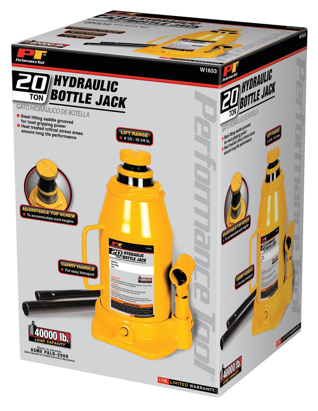 Performance Tool Jack, Bottle Jack, Hydraulic, 20 Ton Capacity, 9-1/2 to 17-3/4 Inch Lift Height, Yellow – W1633