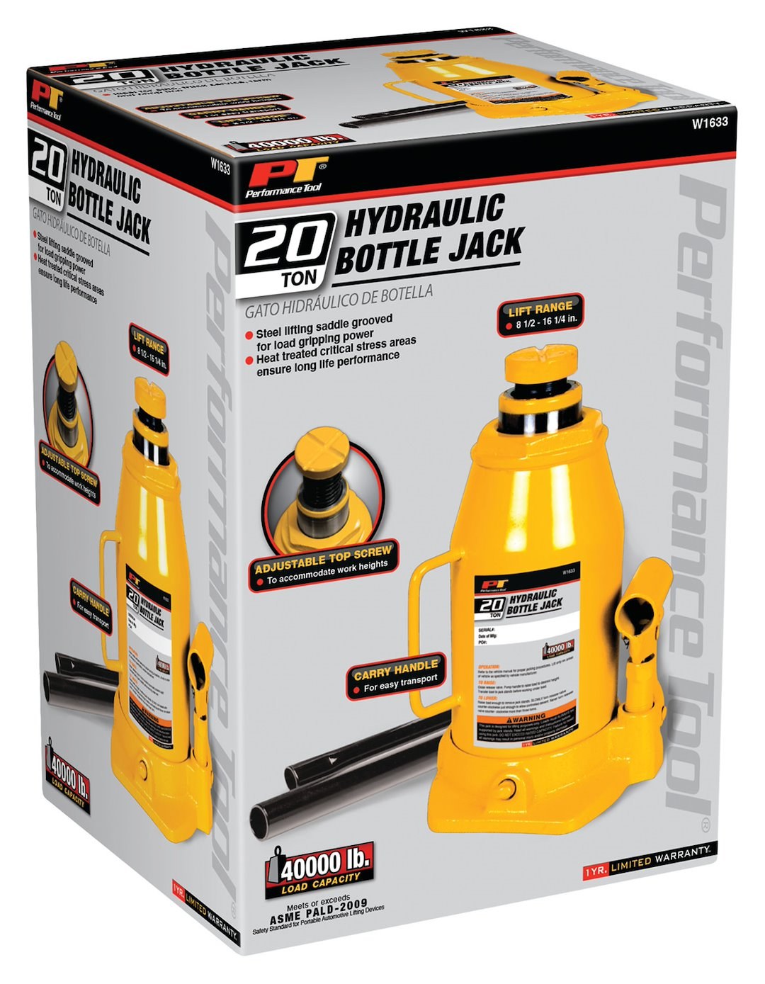 Performance Tool Jack, Bottle Jack, Hydraulic, 20 Ton Capacity, 9-1/2 to 17-3/4 Inch Lift Height, Yellow – W1633