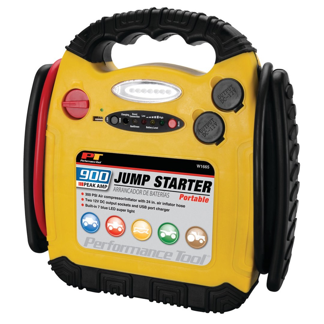 Performance Tool Battery Portable Jump Starter, Use to Start 12 Volt Batteries on Vehicle, 900 Peak Amps/ 400 Cold Cranking Amps – W1665