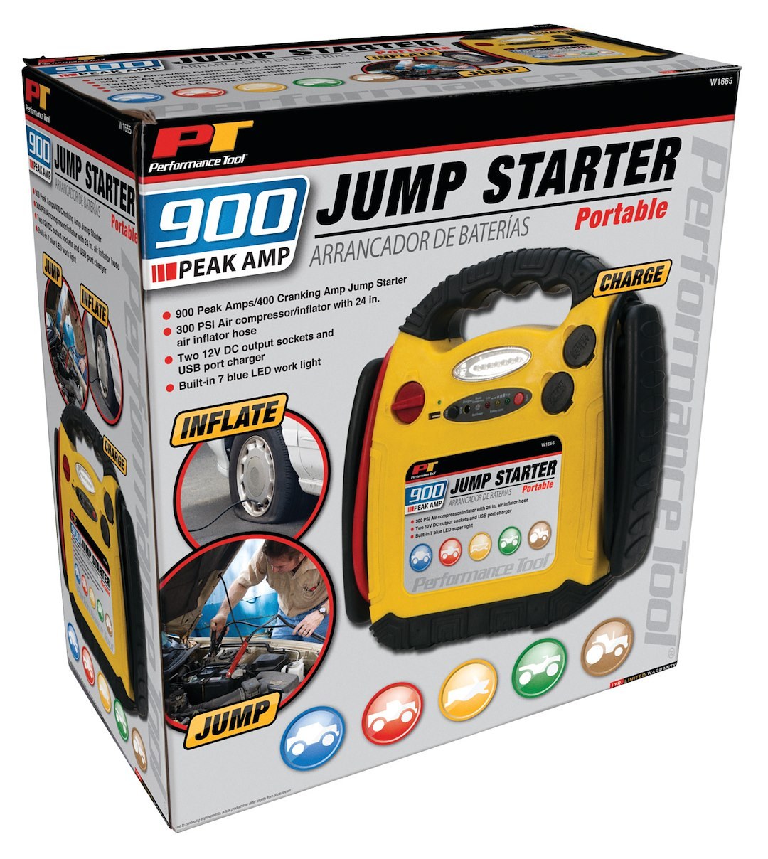 Performance Tool Battery Portable Jump Starter, Use to Start 12 Volt Batteries on Vehicle, 900 Peak Amps/ 400 Cold Cranking Amps – W1665
