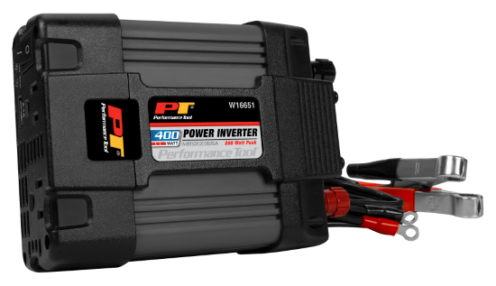 Performance Tool Power Inverter, 800 Peak Watts, 2.4 Ampere, With Thermal Protection, With 12 Volt Power Cord/ Battery Clamp Cable – W16651
