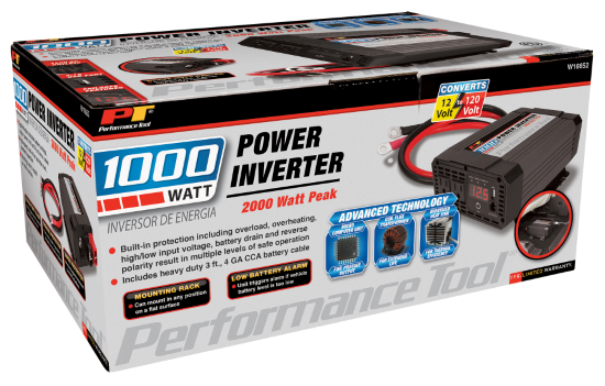 Performance Tool Power Inverter, 2000 Peak Watts, 2.1 Ampere, With Thermal Protection, With 3 Foot 4 Gauge Cca Battery Cable – W16652