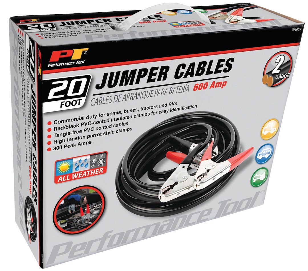 Performance Tool Battery Jumper Cable, 600 Amps, 2 Gauge, 20 Foot Length, Red/ Black PVC Coated Insulated Clamps – W1669