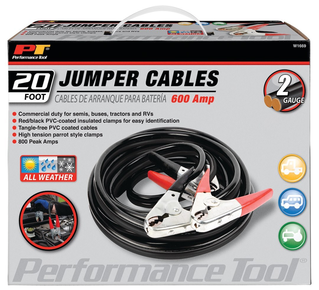 Performance Tool Battery Jumper Cable, 600 Amps, 2 Gauge, 20 Foot Length, Red/ Black PVC Coated Insulated Clamps – W1669