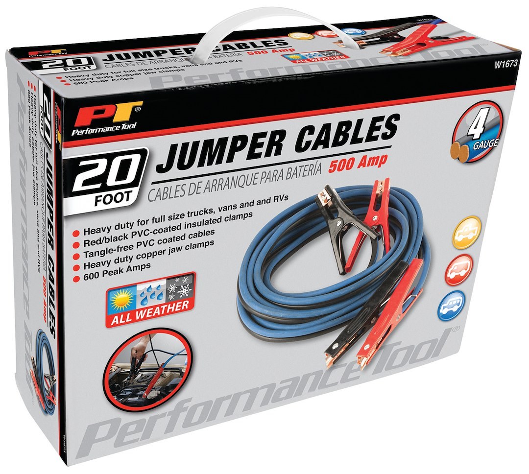 Performance Tool Battery Jumper Cable, 600 Amps, 4 Gauge, 20 Foot Length, Red/ Black PVC Coated Insulated Clamps – W1673