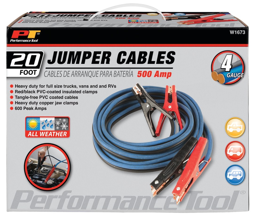 Performance Tool Battery Jumper Cable, 600 Amps, 4 Gauge, 20 Foot Length, Red/ Black PVC Coated Insulated Clamps – W1673