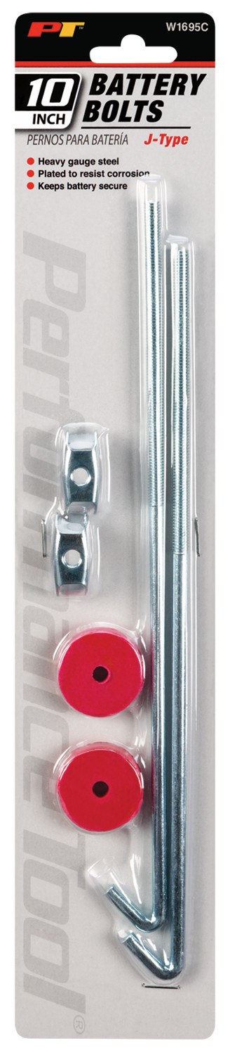 Performance Tool Battery Hold Down Bolt, J-Type, 10 Inch, Chrome Plated Steel, With Washers/ Wing Nuts – W1695C