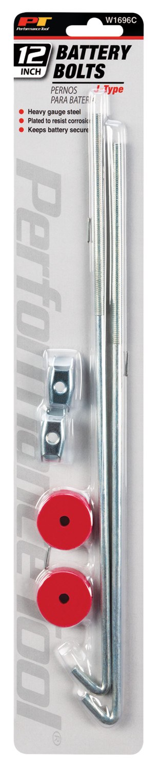 Performance Tool Battery Hold Down Bolt, J-Type, 12 Inch, Chrome Plated Steel, With Washers/ Wing Nuts – W1696C