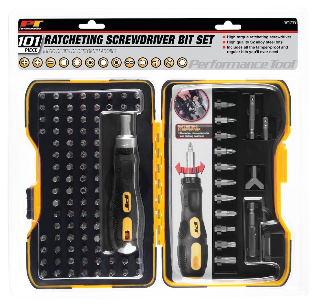 Performance Tool Screwdriver, Screwdriver Bit Set, Black Handle, With Magnetic Tips – W1719