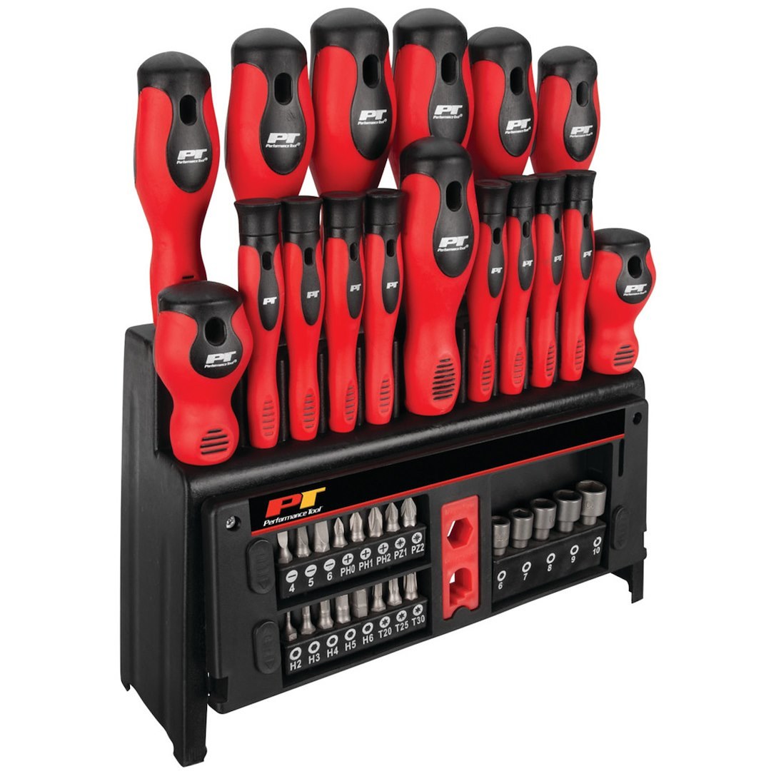 Performance Tool Screwdriver, Screwdriver Set, Red/ Black Handle, Magnetic Tips – W1727