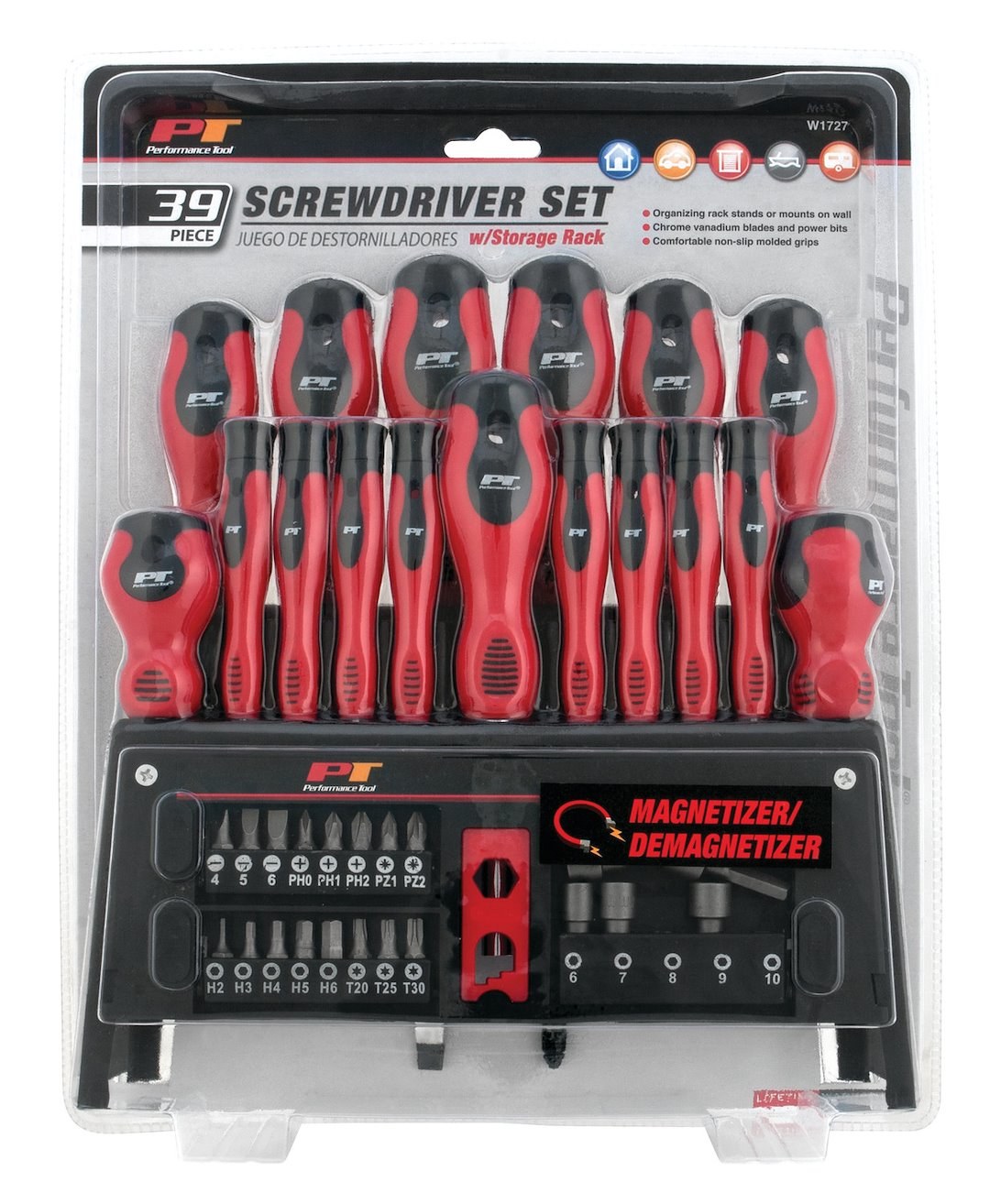 Performance Tool Screwdriver, Screwdriver Set, Red/ Black Handle, Magnetic Tips – W1727