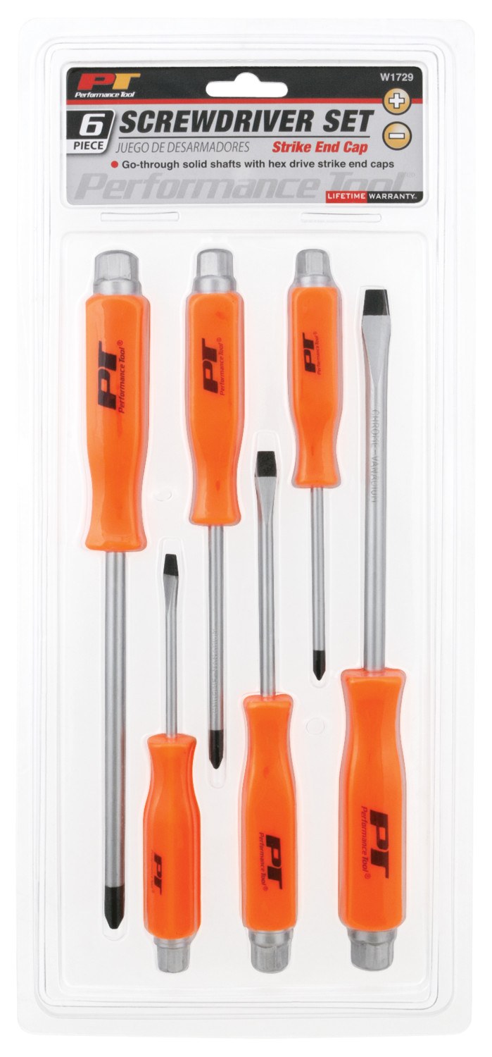 Performance Tool Screwdriver, Phillips and Slotted, #1/ #2/ #3 Phillips and 3/16 Inch/ 1/4 Inch 5/16 Inch Slotted, Heat Resistant Handles – W1729