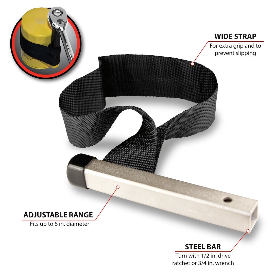 Performance Tool Oil Filter Wrench, Strap Type, 6 Inch Size, Chrome Plated Steel Bar, Turn with 1/2 Inch Ratchet – W173C