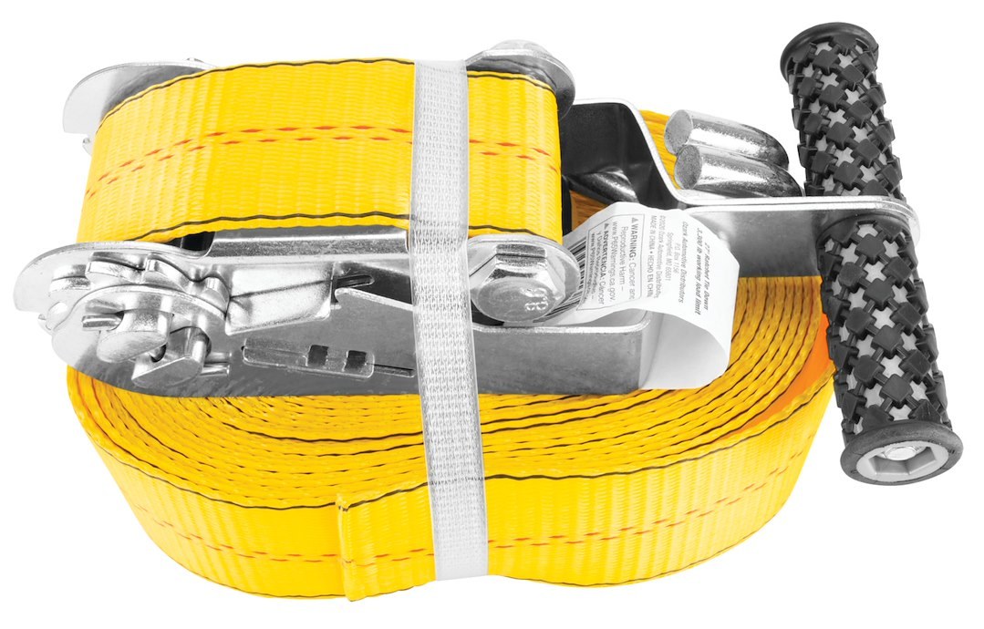 Performance Tool Tie Down Strap, 2 Inch Width X 27 Foot Length, 3300 Pounds Load Capacity, 10000 Pounds Break Strength, With Ratchet, Yellow – W1827