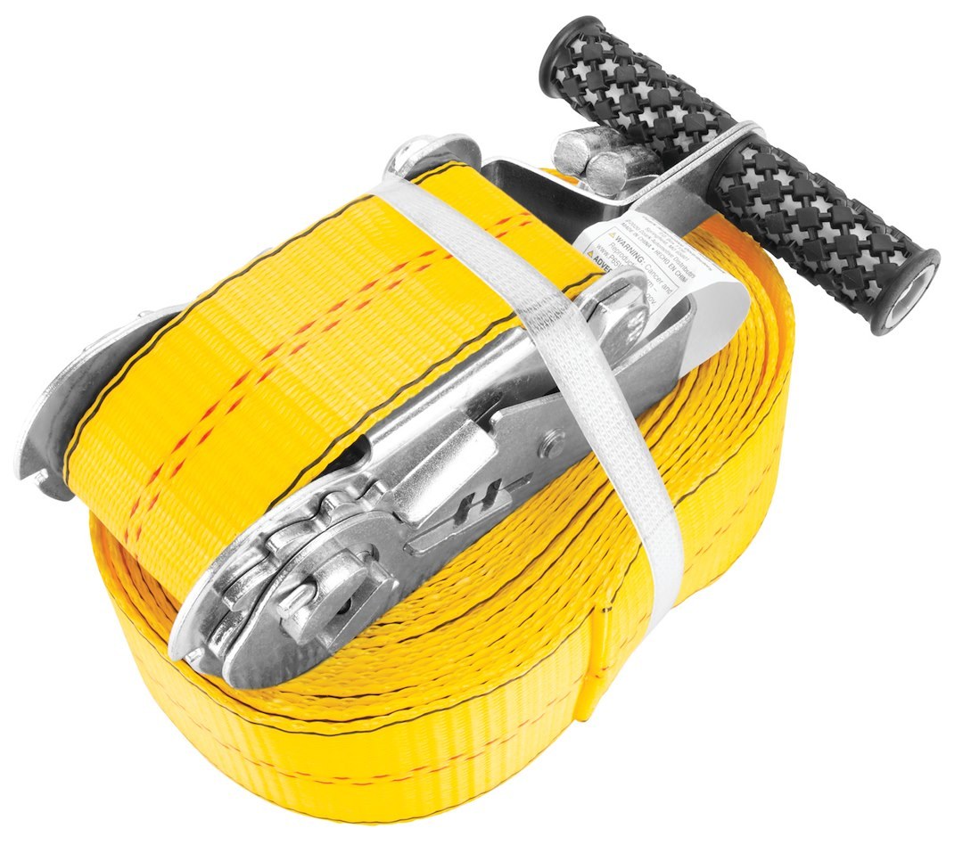 Performance Tool Tie Down Strap, 2 Inch Width X 27 Foot Length, 3300 Pounds Load Capacity, 10000 Pounds Break Strength, With Ratchet, Yellow – W1827