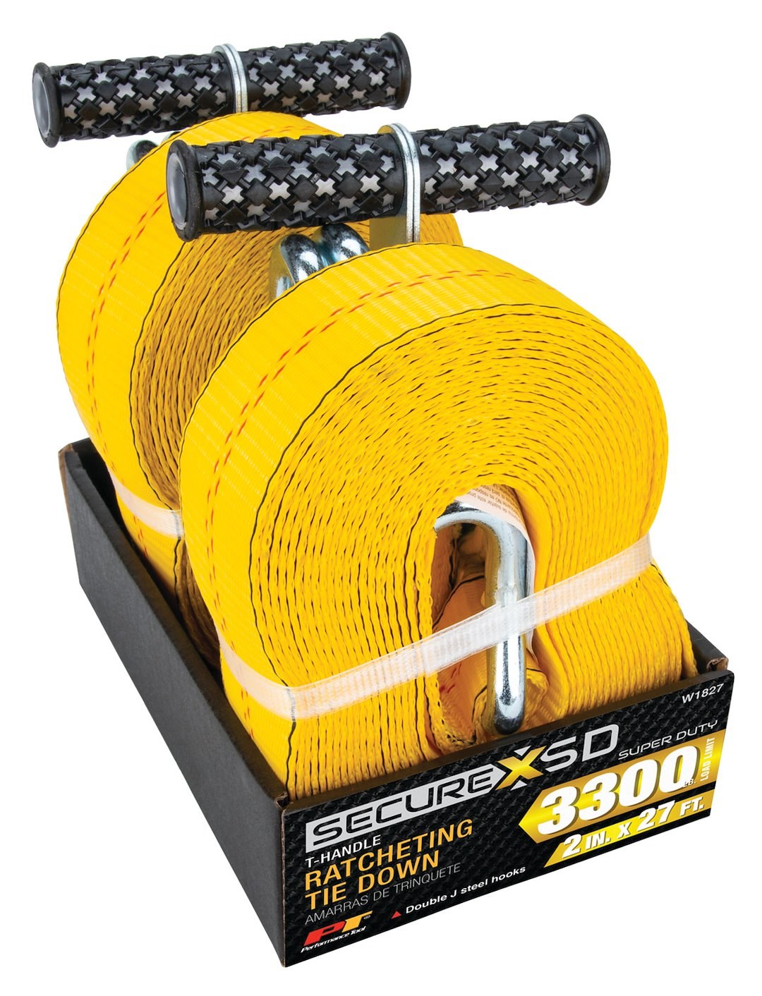 Performance Tool Tie Down Strap, 2 Inch Width X 27 Foot Length, 3300 Pounds Load Capacity, 10000 Pounds Break Strength, With Ratchet, Yellow – W1827