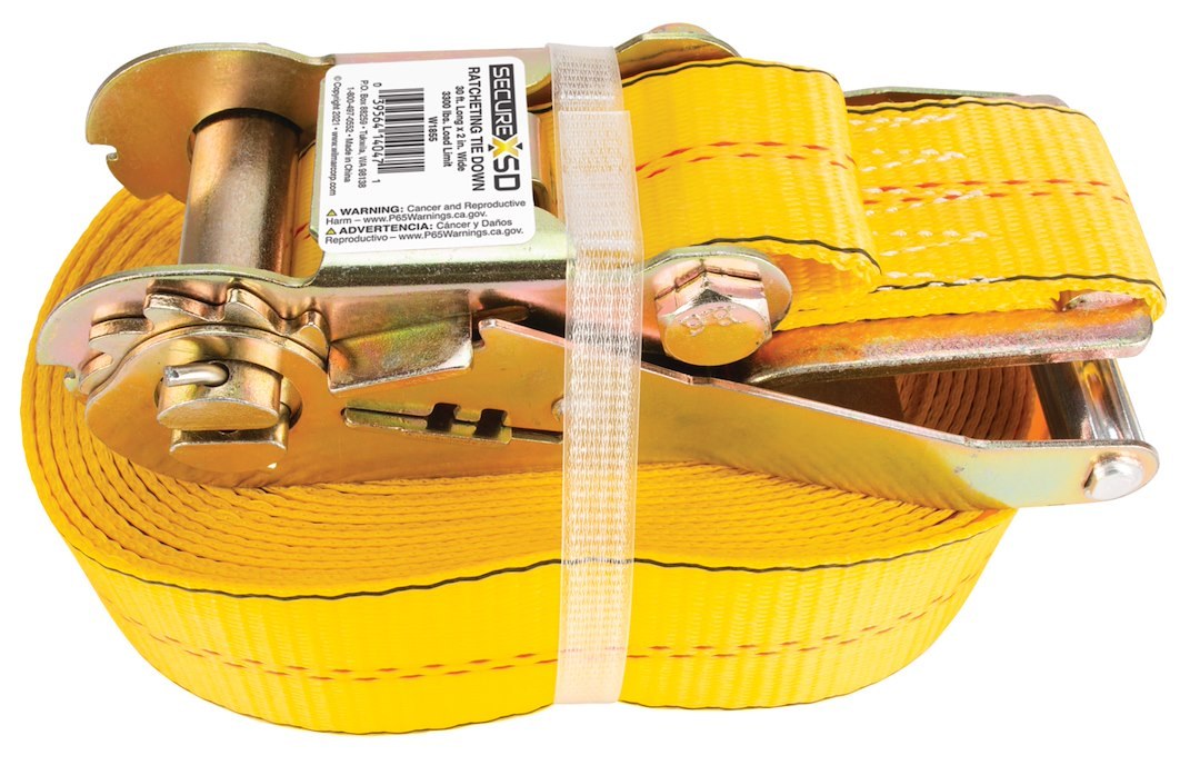 Performance Tool Tie Down Strap, 2 Inch Width X 30 Foot Length, 3300 Pounds Load Capacity, 10000 Pounds Break Strength, With Ratchet, Yellow – W1855