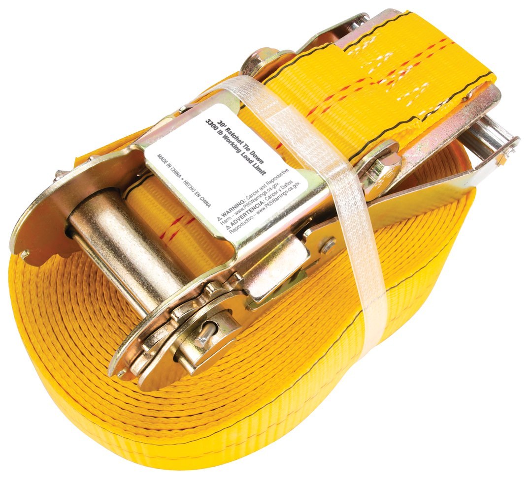 Performance Tool Tie Down Strap, 2 Inch Width X 30 Foot Length, 3300 Pounds Load Capacity, 10000 Pounds Break Strength, With Ratchet, Yellow – W1855