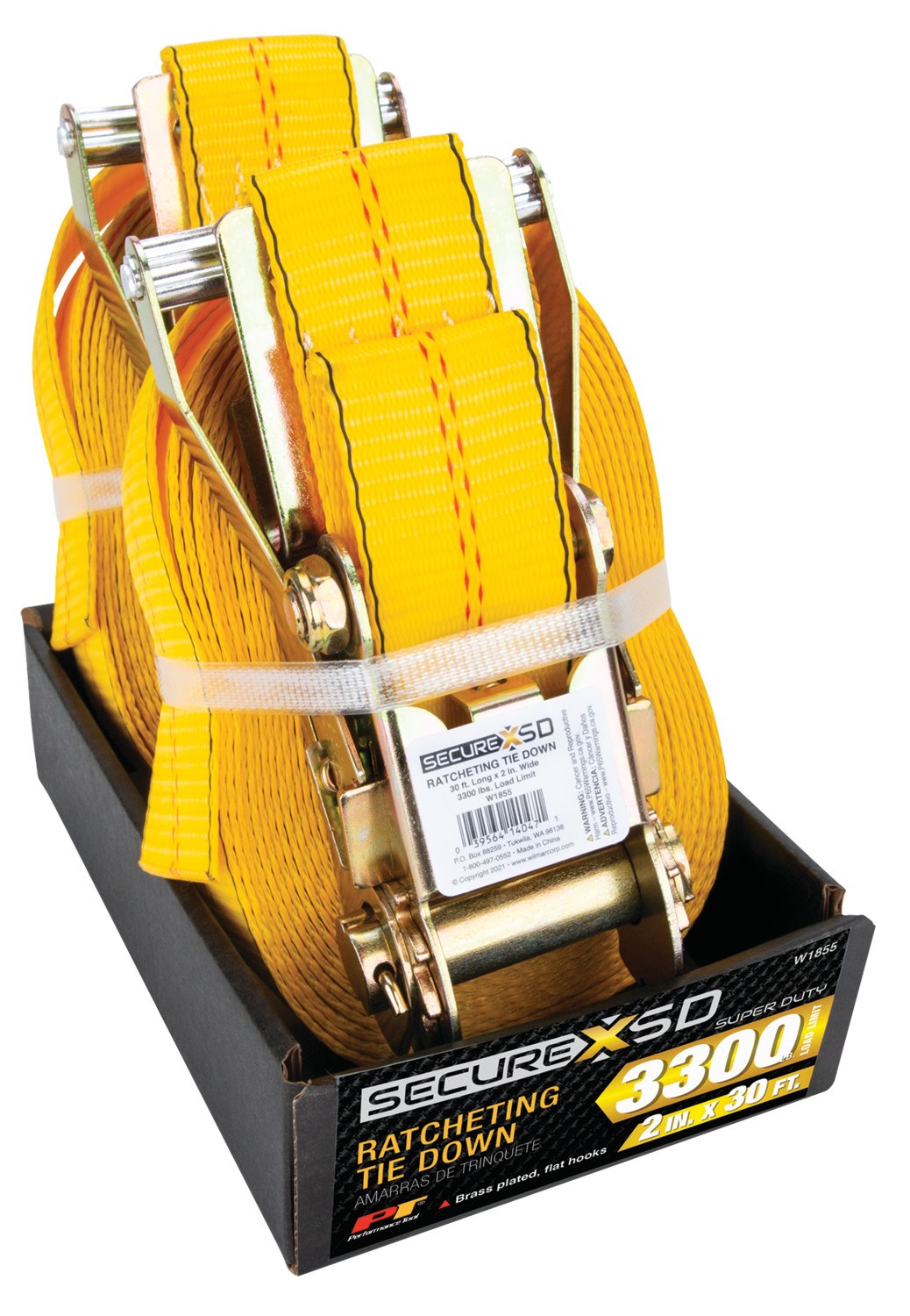 Performance Tool Tie Down Strap, 2 Inch Width X 30 Foot Length, 3300 Pounds Load Capacity, 10000 Pounds Break Strength, With Ratchet, Yellow – W1855