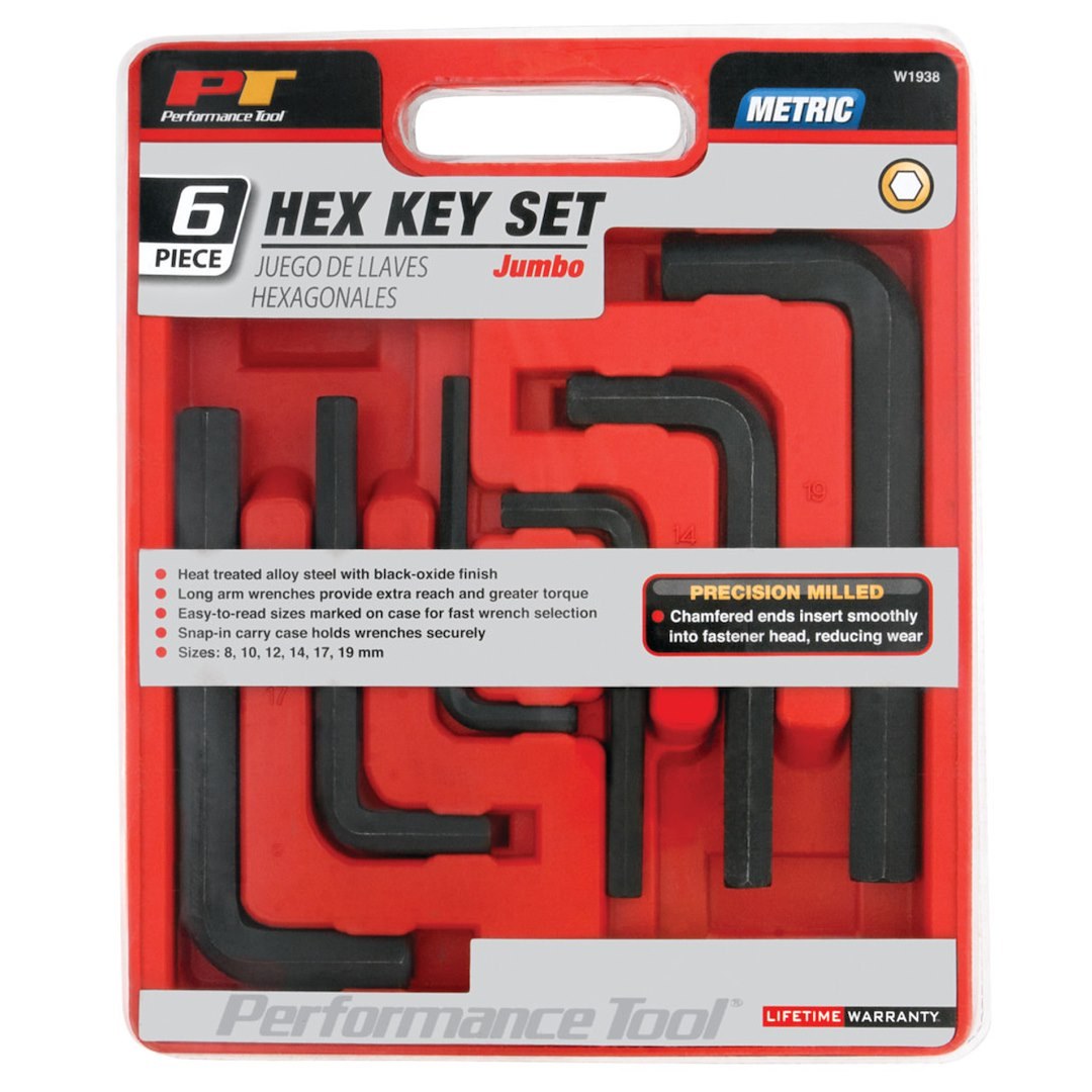 Performance Tool Allen Wrench, Jumbo, With 8/ 10/ 12/ 14/ 17/ 19 Millimeter, L-Shape, Black Oxide/ Alloy Steel, Snap-IN Carry Case, 6 Piece – W1938