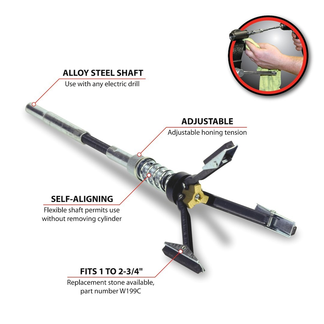 Performance Tool Wheel Cylinder Hone, Use with Brake Cylinder, 3/4 to 2-3/4 Inch Honing Capacity, 3 Stone – W193C