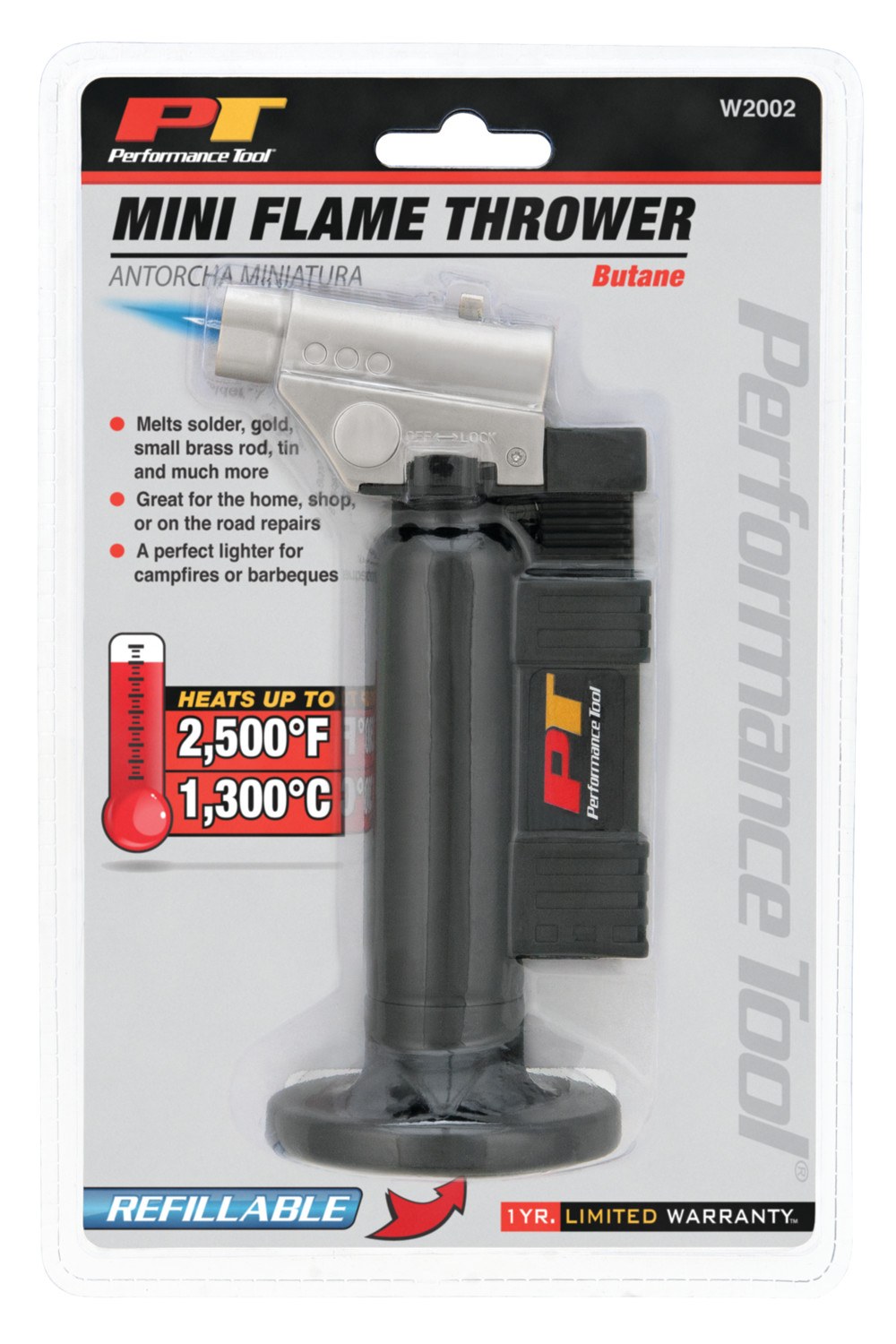 Performance Tool Butane Torch, Refillable, 20 Minutes Burn Time, 2500 Degrees Fahrenheit, Torch Tip, Adjustable Gas Flow – W2002