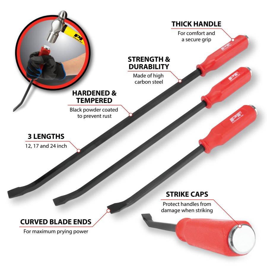 Performance Tool Pry Bar, 12 Inch/ 17 Inch/ 24 Inch Length, Curved Blade End, Powder Coated, Black, Carbon Steel – W2023