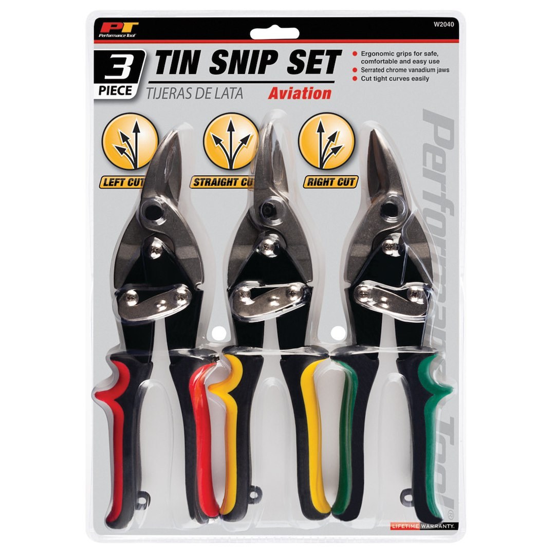 Performance Tool Pliers, Left Cut/ Right Cut/ Center Cut Aviation Tin Snip, Chrome Vanadium Jaw, Ergonomic Grip Handle, Set of 3 – W2040