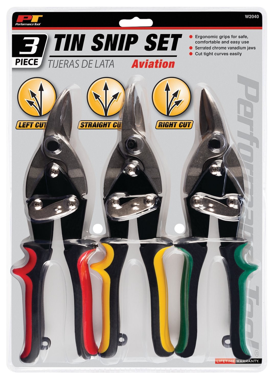 Performance Tool Pliers, Left Cut/ Right Cut/ Center Cut Aviation Tin Snip, Chrome Vanadium Jaw, Ergonomic Grip Handle, Set of 3 – W2040