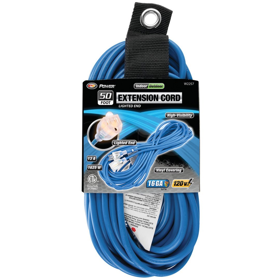 Performance Tool Extension Cord, Firepoint X, 3 Prong Plug and Grounded Ends, 125 Volt, 13 Amp, 1625 Watt, 16 Gauge, 50 Foot Length, Blue – W2257