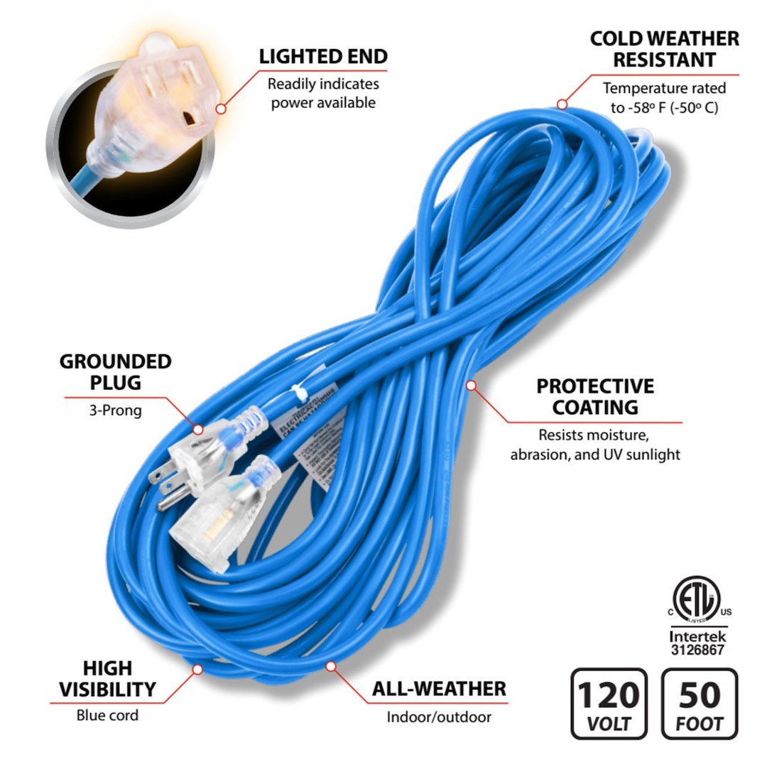 Performance Tool Extension Cord, Firepoint X, 3 Prong Plug and Grounded Ends, 125 Volt, 13 Amp, 1625 Watt, 16 Gauge, 50 Foot Length, Blue – W2257