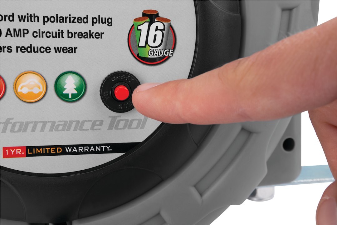 Performance Tool Power Cord Reel, Retractable, 50 Foot of 16 Gauge Cord with Polarized Plug and 3 Grounded 10 Amp Outlets, Wall Mount – W2273