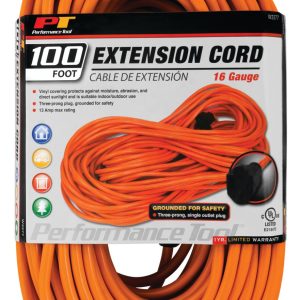 Performance Tool Extension Cord, 3-Prong Plug, 13 Amp, 16 Gauge Wire, 100 Foot Length, Orange, Without Plug Head Handle – W2277