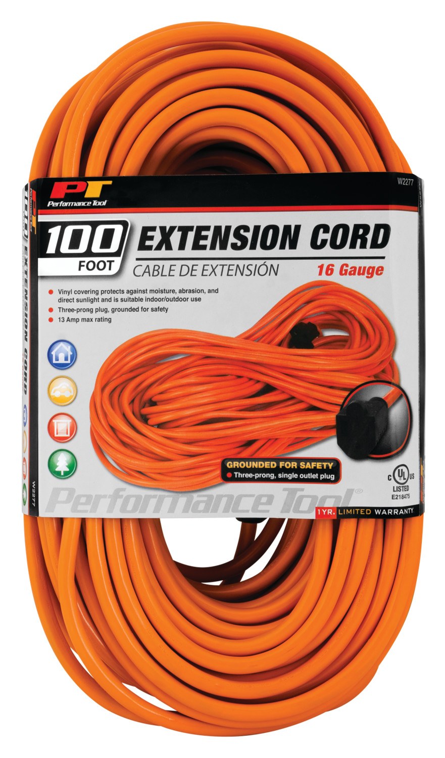 Performance Tool Extension Cord, 3-Prong Plug, 13 Amp, 16 Gauge Wire, 100 Foot Length, Orange, Without Plug Head Handle – W2277