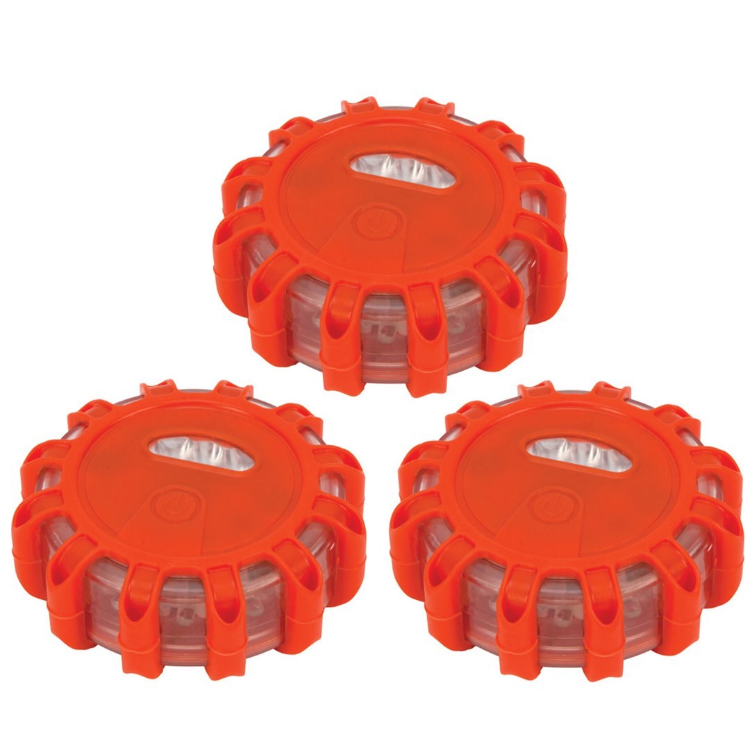 Performance Tool Safety Flare, Alkaline Battery Operated LED Disc, With Magnetic Back, Set of 3, 5 Light Patterns – W2343