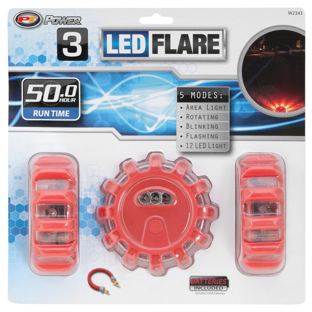 Performance Tool Safety Flare, Alkaline Battery Operated LED Disc, With Magnetic Back, Set of 3, 5 Light Patterns – W2343