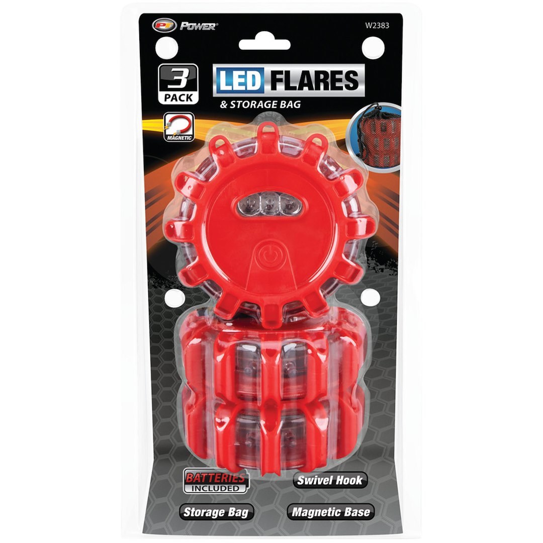 Performance Tool Safety Flare, Red LED Road Flares, With Magnetic Back, Set of 3, With Swivel Hook and Mesh Storage Bag – W2383
