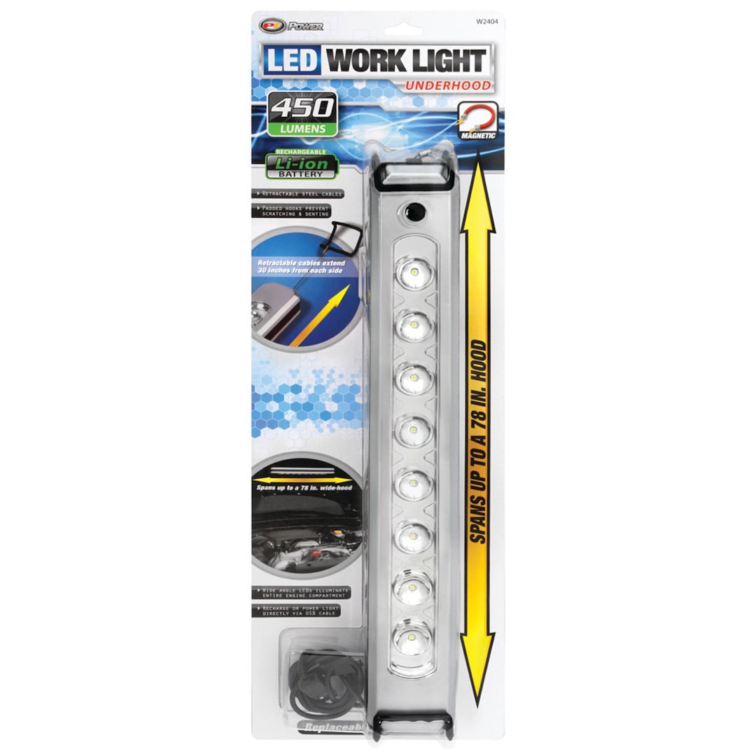Performance Tool Work Light, Hand Held, Fits Any Size Hood, 450 Lumens, LED, 513 Lumens on High, 256 Lumen on Low, 1.25 Hour Runtime – W2404