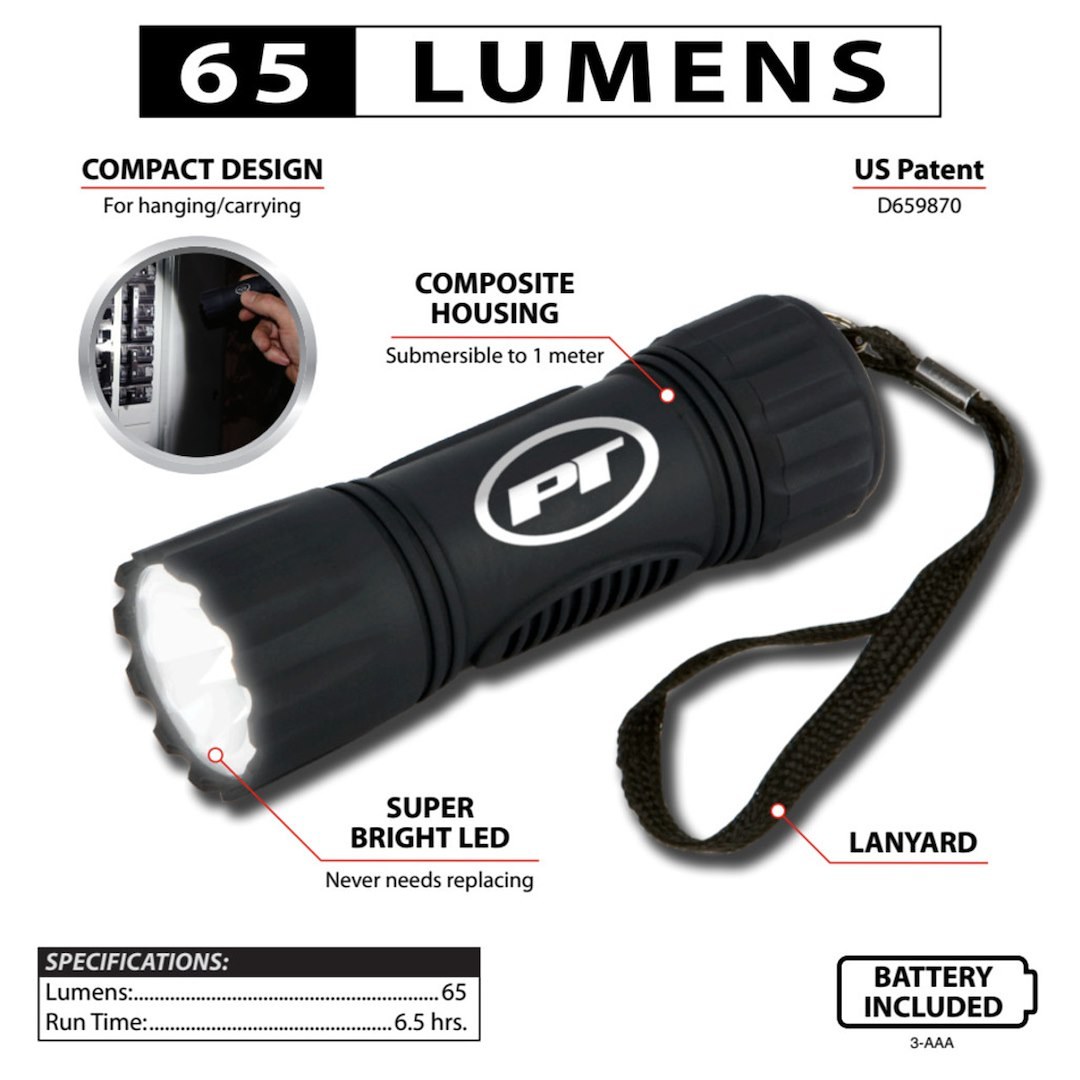 Performance Tool Flashlight, LED, Clear, Black Housing, Battery Powered, 65 Lumens, 6.5 Hours Run Time – W2456