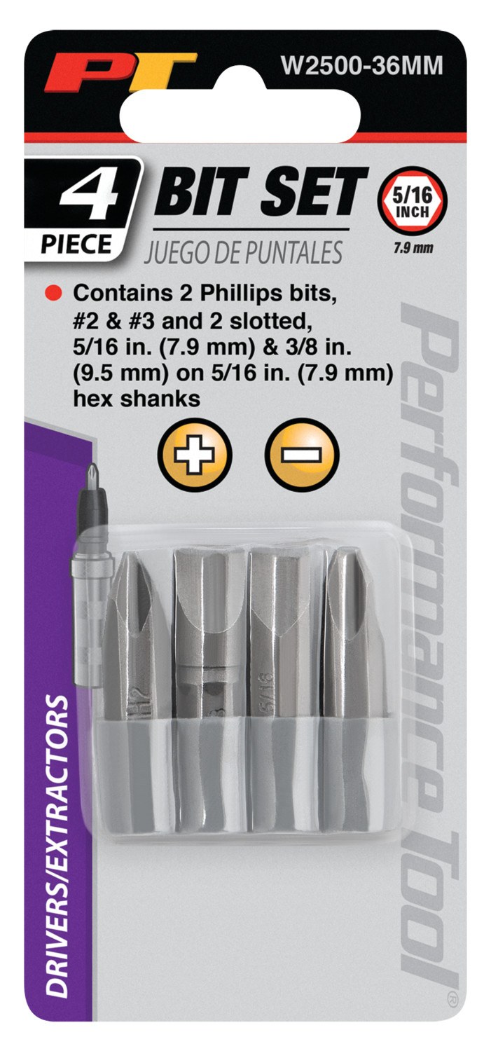 Performance Tool Screw Bit, Use with Performance Tool W2500P Impact Driver, Slotted/ Phillips Point, 36 Millimeter Length, Set of 4 – W2500-36MM