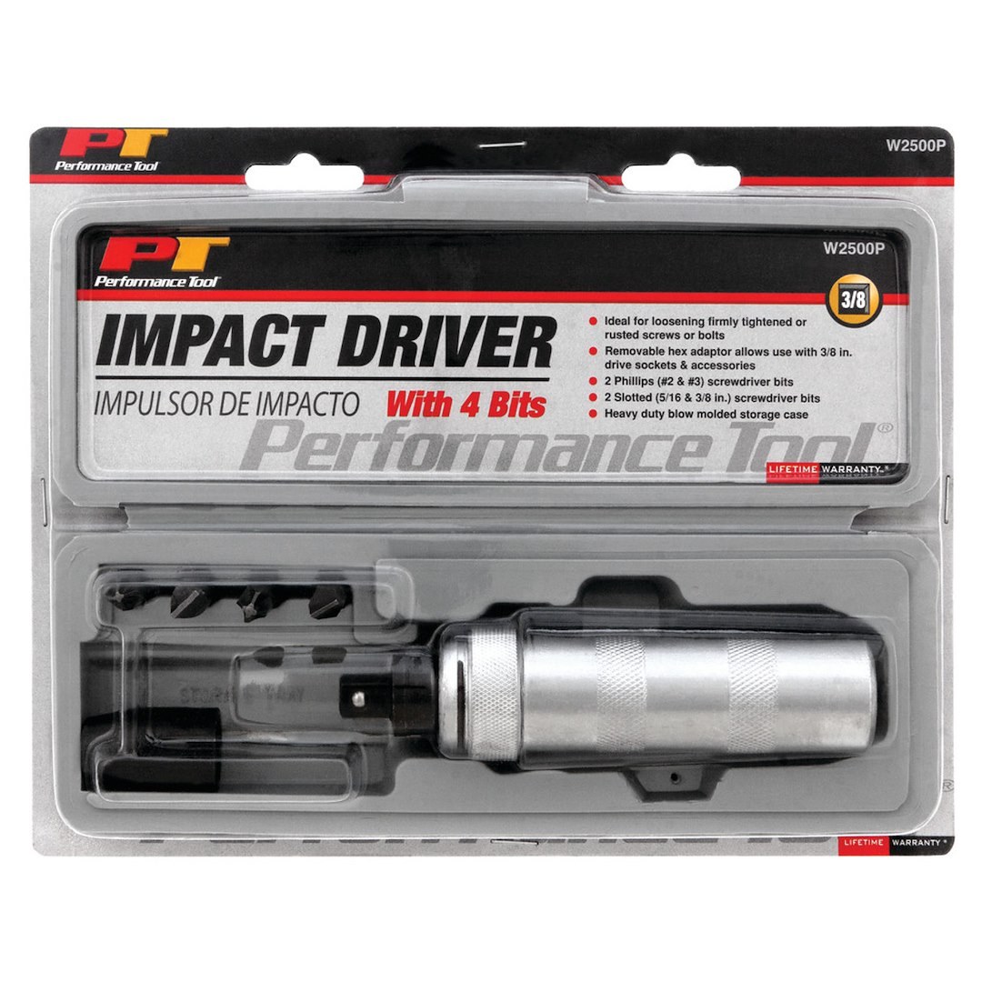 Performance Tool Impact Driver, Used for Loosening Firmly Tightened or Rusted Screws/ Bolts, 3/8 Inch Drive – W2500P